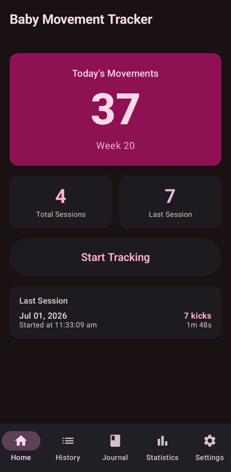 Baby Kicks Pregnancy Tracker app dashboard showing kick counter and weekly progress